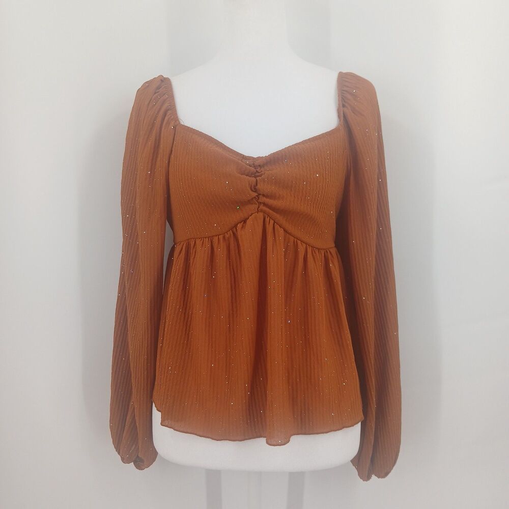 womans size small mine burnt orange long sleeve sweetheart neck blouse boho